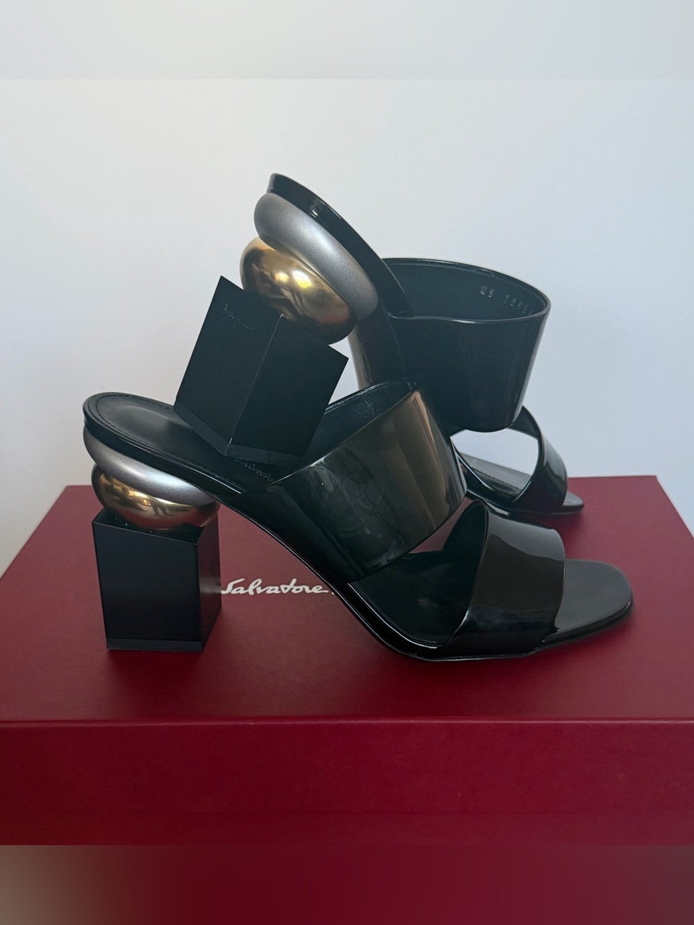 Salvatore Ferragamo Black Patent Lotten Sandals
